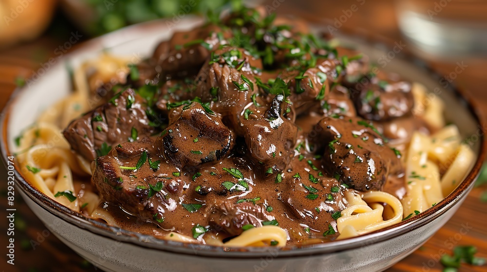A rich and flavorful beef stroganoff, served over egg noodles. A rich and flavorful beef stroganoff, served over egg noodles.