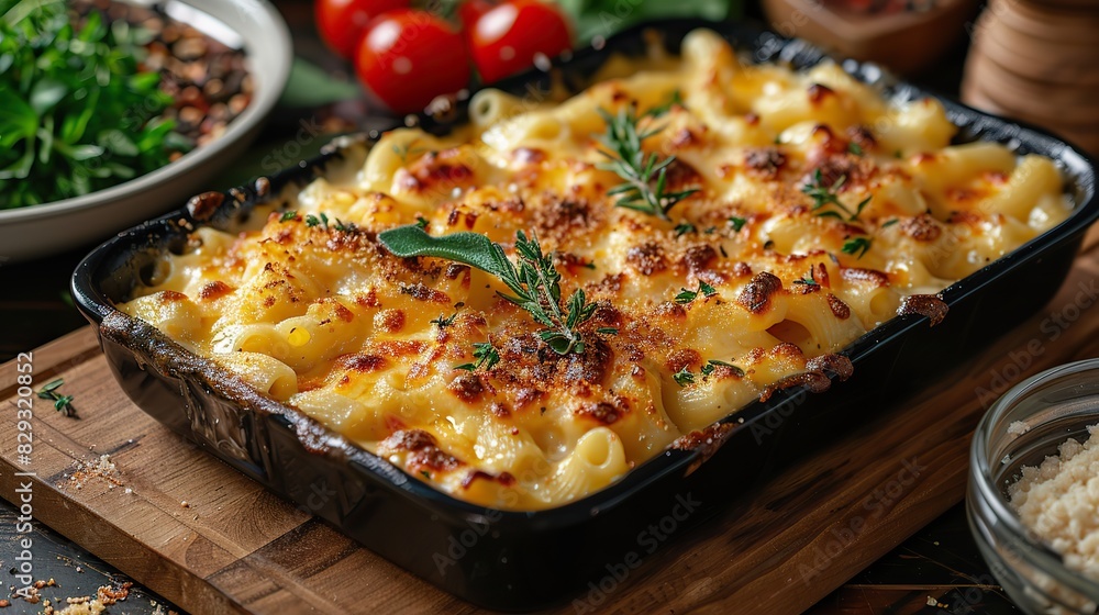 A serving of creamy mac and cheese, baked to perfection. A serving of creamy mac and cheese, baked to perfection.