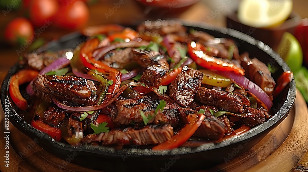 A plate of sizzling fajitas, with peppers and onions.
