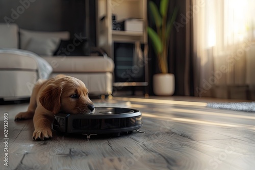 washing robot vacuum cleaner cleans a room with a cozy modern interior near puppy