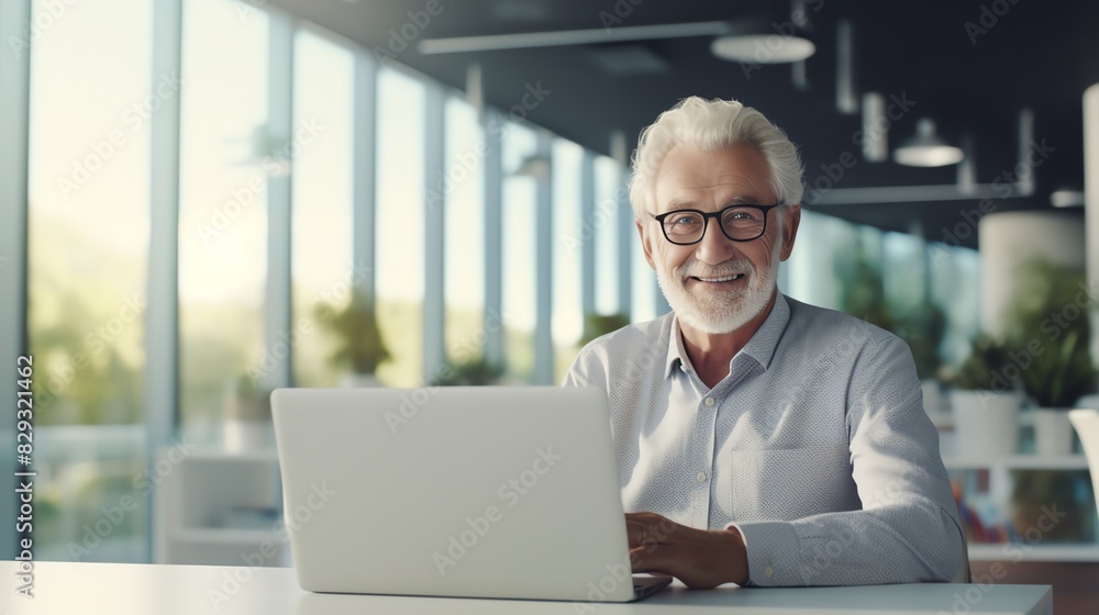 Smiling elderly man using laptop in modern office with large windows. Senior professional enjoying work in a bright and airy workplace. Smiling elderly man using laptop in modern office with large windows. Senior professional enjoying work in a bright and airy workplace.