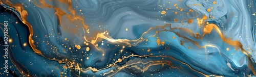 Abstract blue marble texture with gold splashes  blue luxury background