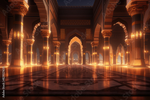 Abstract Islamic interior, lanterns, gate, arches, columns, door. Mosque Interior background. Ramadan Kareem. Ramadan Lantern. Beautiful background for Greeting card, banner for muslim holiday  © maxa0109