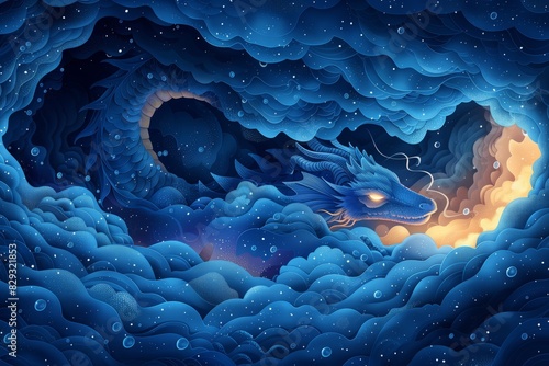 Sky or water blue dragon inside his home beautiful flat illustration.
 photo
