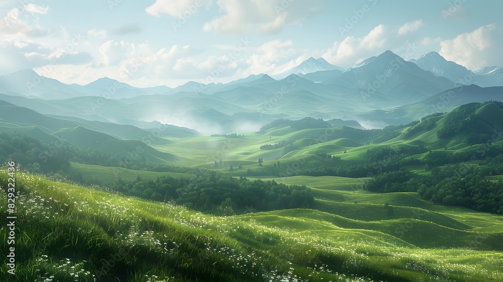 Fototapeta premium A beautiful, lush green field with a mountain range in the background