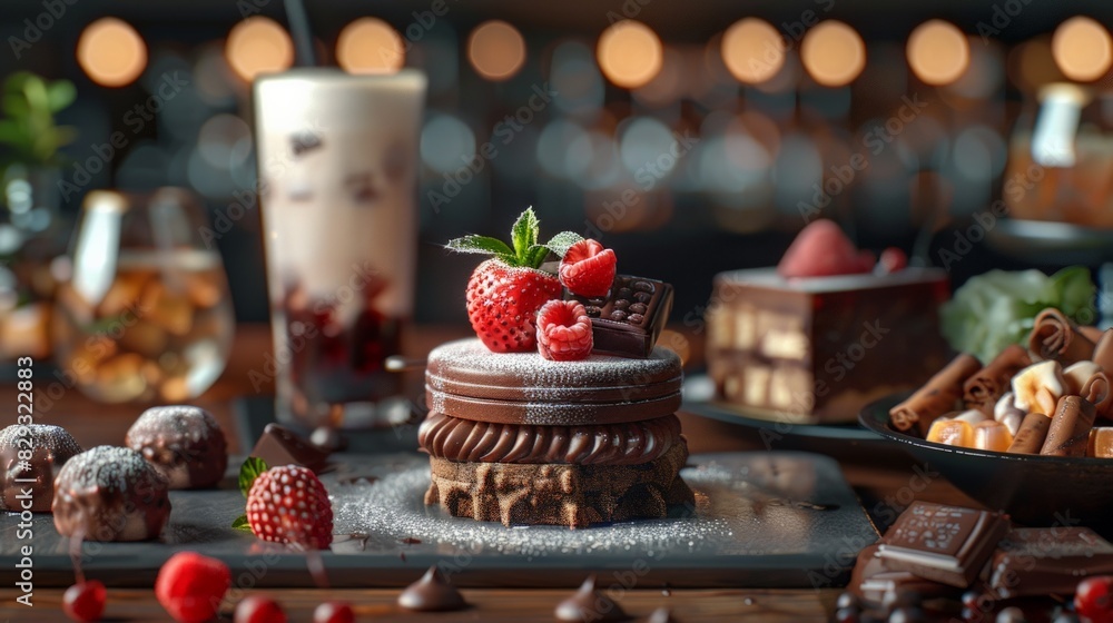 3D Close-Up of Food and Beverages: gourmet food and beverages, such as artisanal chocolates