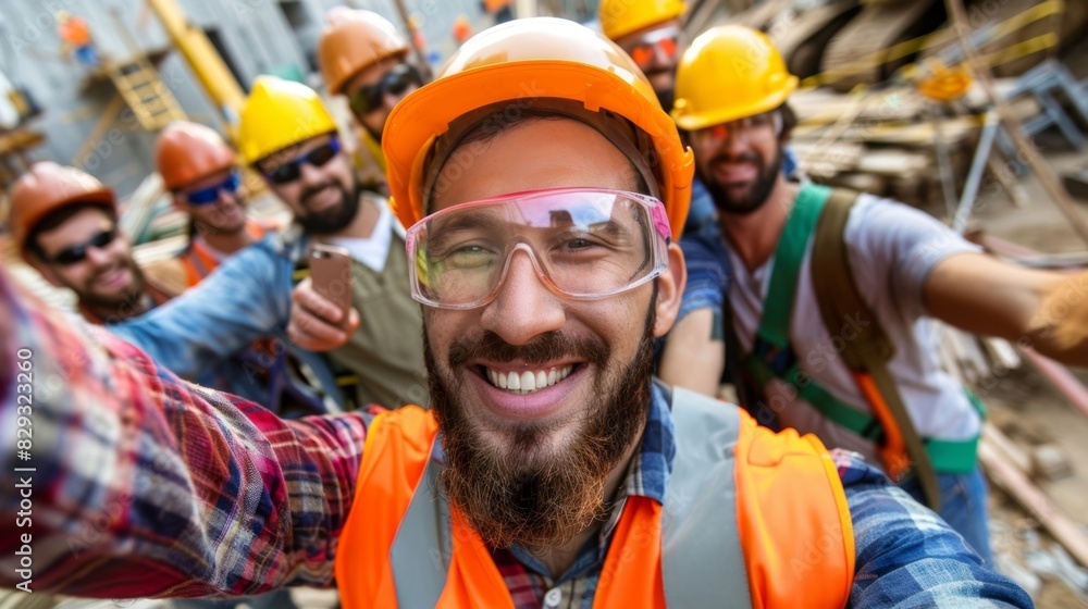 Always the life of the job site a construction worker strikes a playful pose in a group selfie with his coworkers showcasing their strong camaraderie and teamwork. Always the life of the job site a construction worker strikes a playful pose in a group selfie with his coworkers showcasing their strong camaraderie and teamwork.