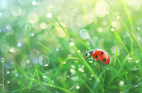 A ladybug perched on the edge of green grass, with dewdrops glistening in its red shell and black dots. © Kien