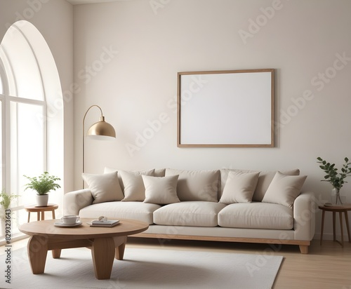 Frame mockup, ISO A paper size. Living room poster mockup. Modern interior design. Living room Interior mockup with house background. 3D render