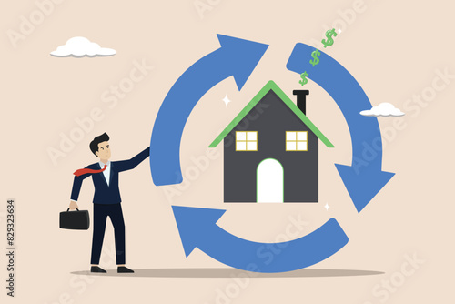 Home owner exchange for regular payment, real estate for banking payment concept, businessman with reverse mortgage house produce dollar money signs.
