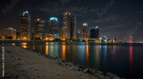 Detroit skyline at sunset, reflecting on the tranquil waters of the Detroit River front, Travel. Generative ai. photo