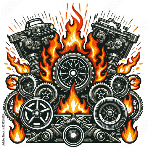flaming truck wheels vector