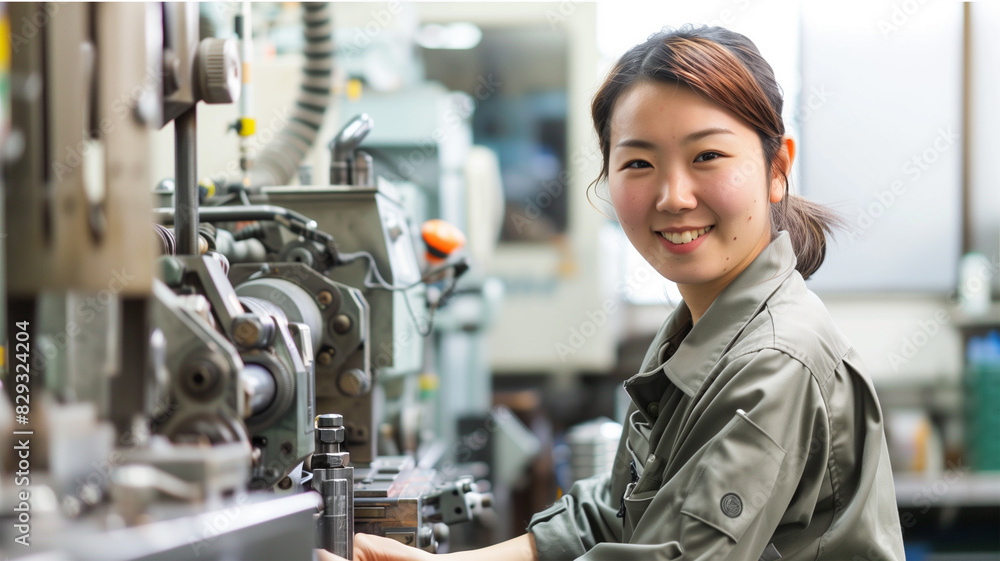 機械作業をしている若い女性 機械作業をしている若い女性