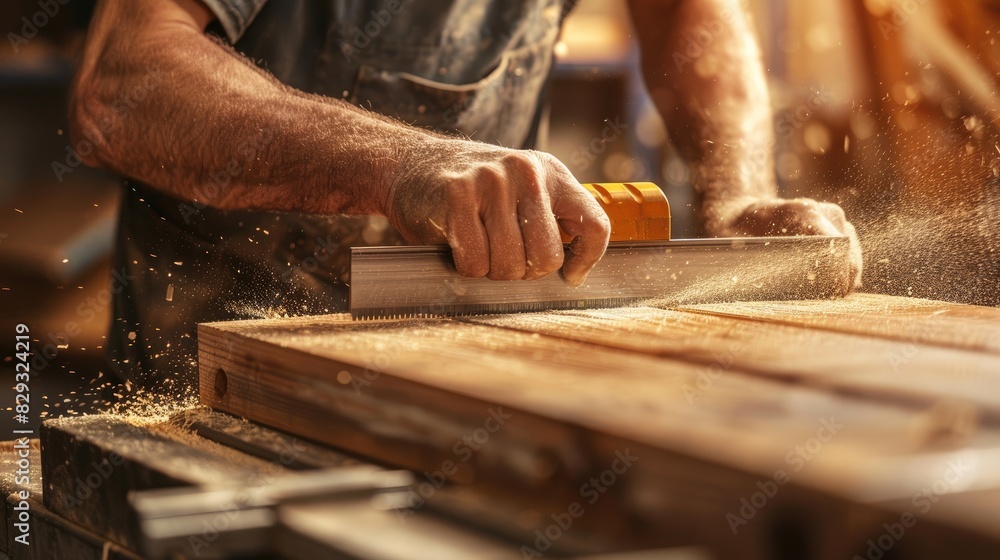 A man operates a woodworking machine to cut a board displaying a close up of the sawing in progress A man operates a woodworking machine to cut a board displaying a close up of the sawing in progress