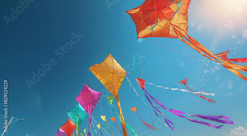 Shows colorful kites flying in the sky, each kite has long colorful ribbons hanging from its tail. The background is a clear blue with no clouds or other objects. Generative AI. photo