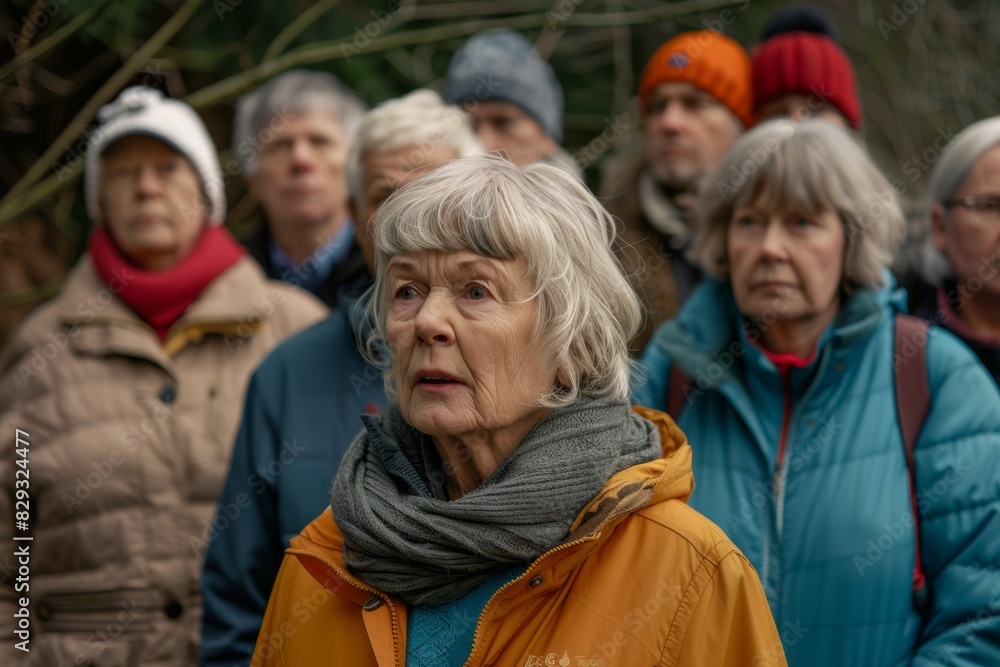 Elderly woman with grey hair in a yellow jacket and gray scarf on the street. Elderly woman with grey hair in a yellow jacket and gray scarf on the street.