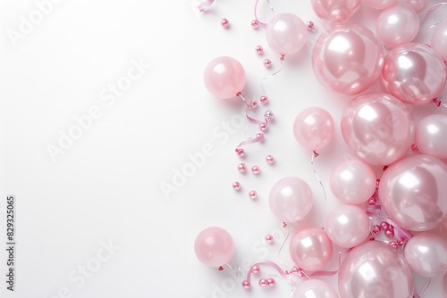 Balloons backdrop view, top-down, white soft pink. Generative Ai