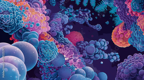 Illustrate a conceptual depiction of cellular signaling cascades, represented through cascading layers of vibrant, interconnected shapes and patterns. photo