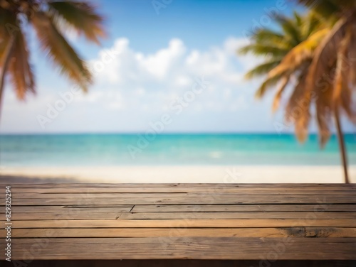 Wooden table with blurry beach summer background