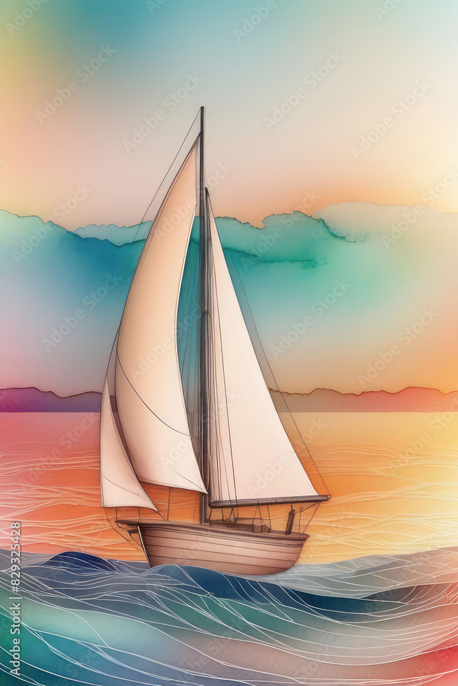 Scenic painting of a sailboat at sunset on colorful ocean waves.