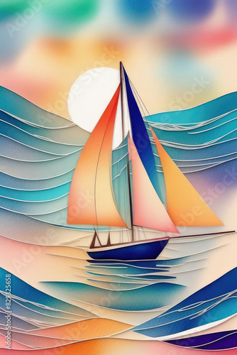 Scenic painting of a sailboat at sunset on colorful ocean waves.