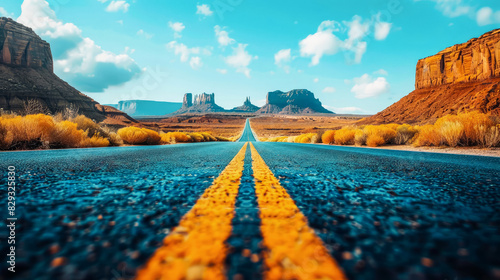 Empty asphalt road through southwestern desert buttes summer landscape. Mountainous desert area with sparse vegetation. Blue sky with clouds. For postcards, banners, travel ads. Copy space. photo