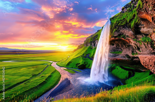 The majestic vaulting waterfall of the circular shape is located in an enchanting valley with lush green grass and vibrant colors of sunset sky.