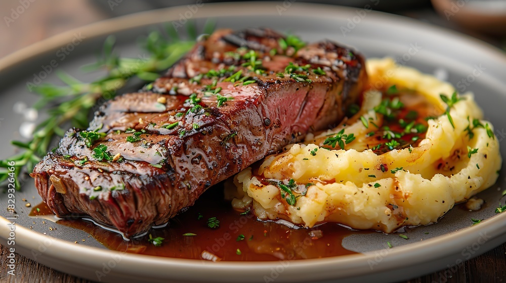 A plate of tender roast beef, served with mashed potatoes. A plate of tender roast beef, served with mashed potatoes.