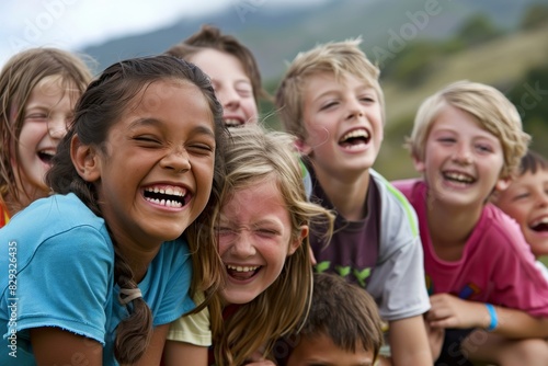 Group of kids laughing together in a field on a sunny summer day