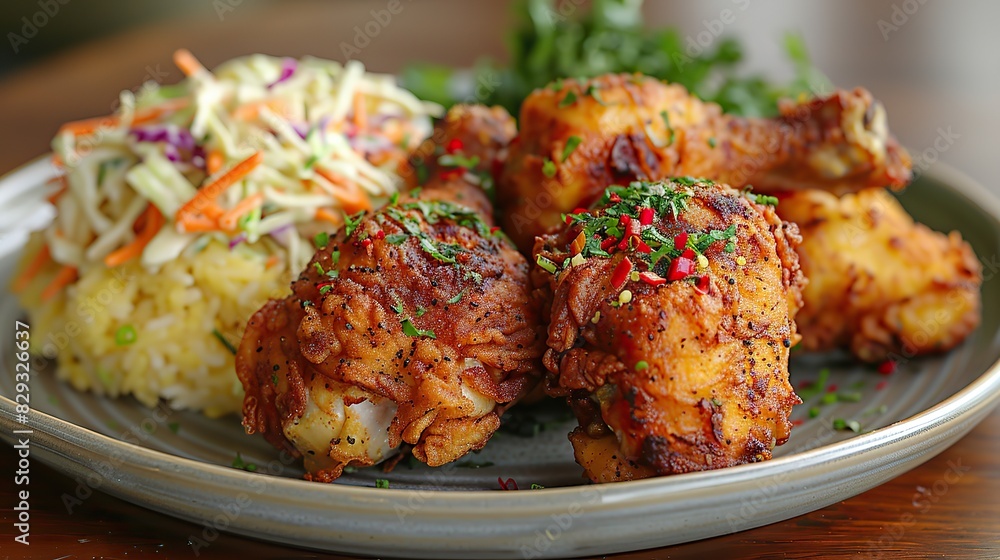 A plate of crispy fried chicken, served with coleslaw. A plate of crispy fried chicken, served with coleslaw.