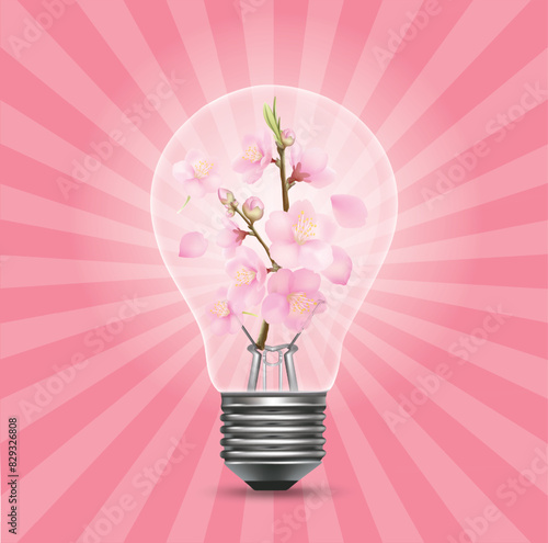 Graphic drawing of a light bulb with cherry blossoms inside.