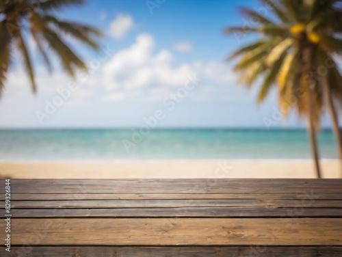 Wooden table with blurry beach summer background