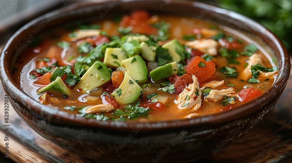 A bowl of flavorful chicken tortilla soup, topped with avocado. A bowl of flavorful chicken tortilla soup, topped with avocado.