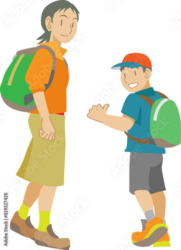 ハイキングに出かける親子のイラスト