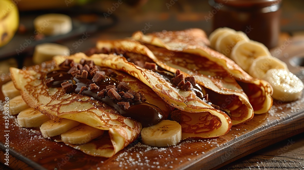 A serving of delicate crepes, filled with Nutella and bananas. A serving of delicate crepes, filled with Nutella and bananas.