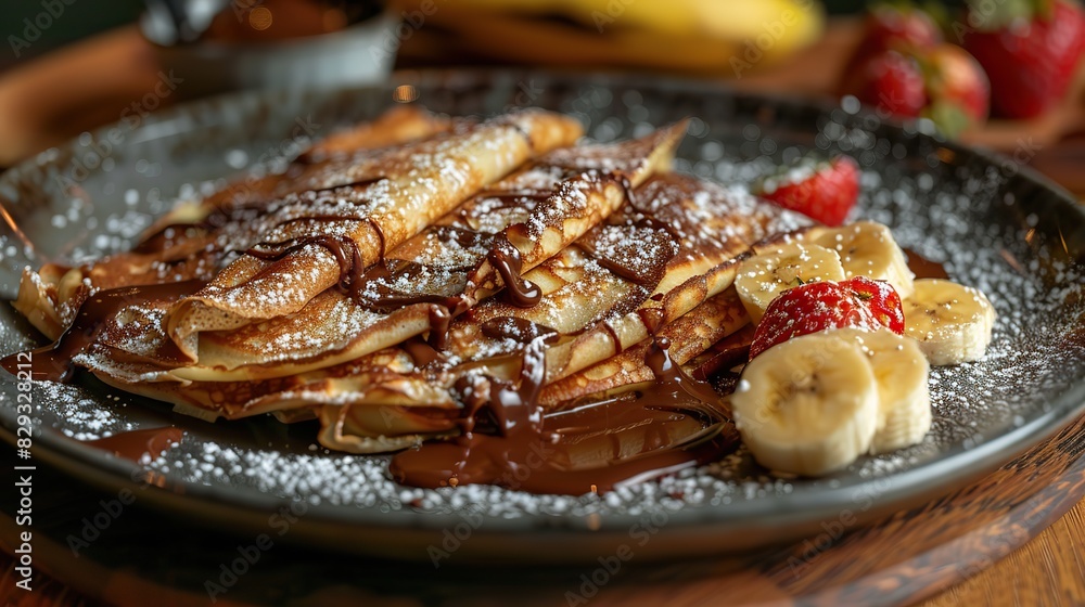 A serving of delicate crepes, filled with Nutella and bananas. A serving of delicate crepes, filled with Nutella and bananas.