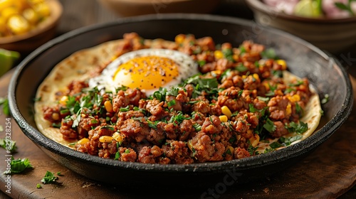 A plate of spicy chorizo and eggs, served with tortillas.