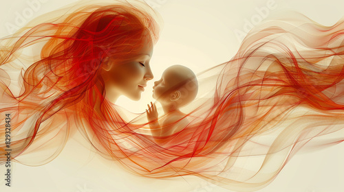Maternal Love: Artistic Depiction of Mother and Child with Flowing Hair - Family, Love, and Care Concept