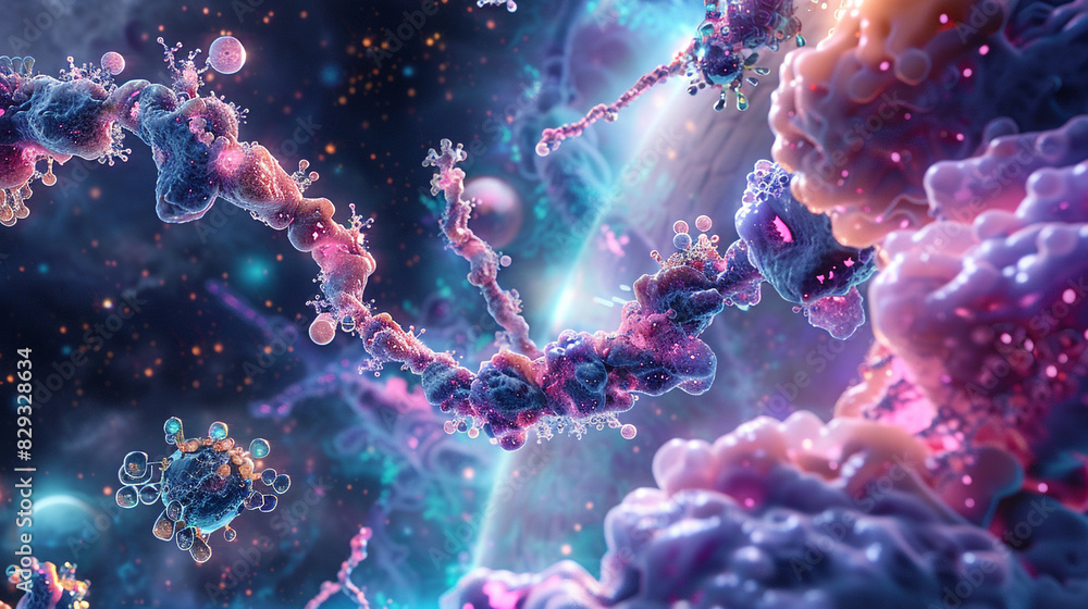 Illustrate the complex process of cellular receptor-ligand interactions, with binding events depicted through dynamic, interconnected forms against a cosmic backdrop. Illustrate the complex process of cellular receptor-ligand interactions, with binding events depicted through dynamic, interconnected forms against a cosmic backdrop.