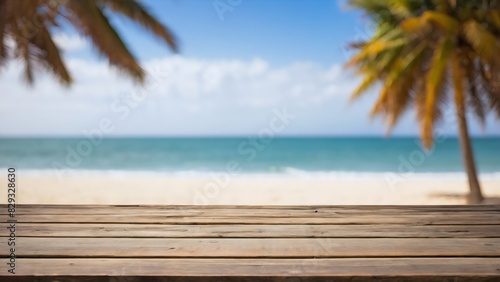 Wooden table with blurry beach summer background