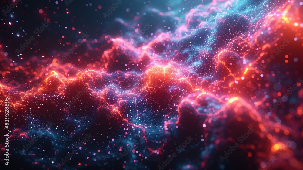 Obraz premium Abstract digital ing of colorful nebula-like formations with vivid electric hues of red, blue, and pink.