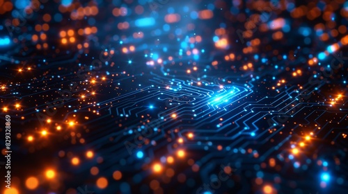 Abstract digital circuitry closeup with glowing blue and orange lights, representing futuristic technology and modern electronics.