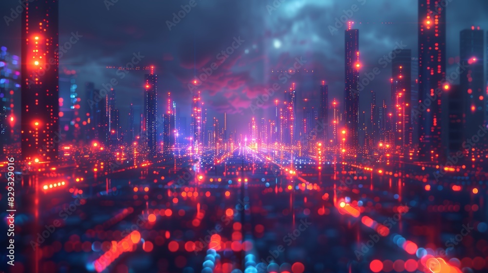 Obraz premium Futuristic cityscape illuminated with neon lights, representing advanced technology and digital connectivity in a cyberpunk environment.