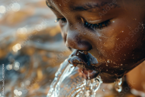 A child drinking from a clean water fountain. photo