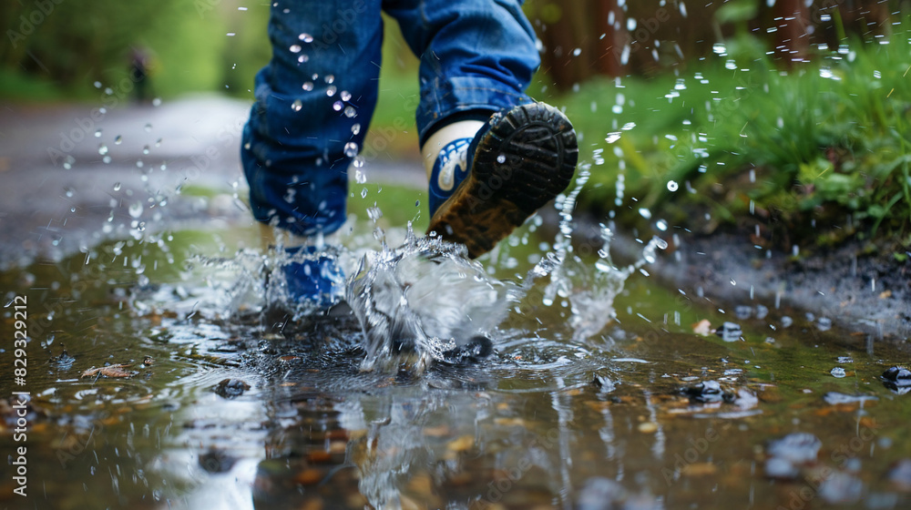 A child splashing in a puddle after rain. A child splashing in a puddle after rain.