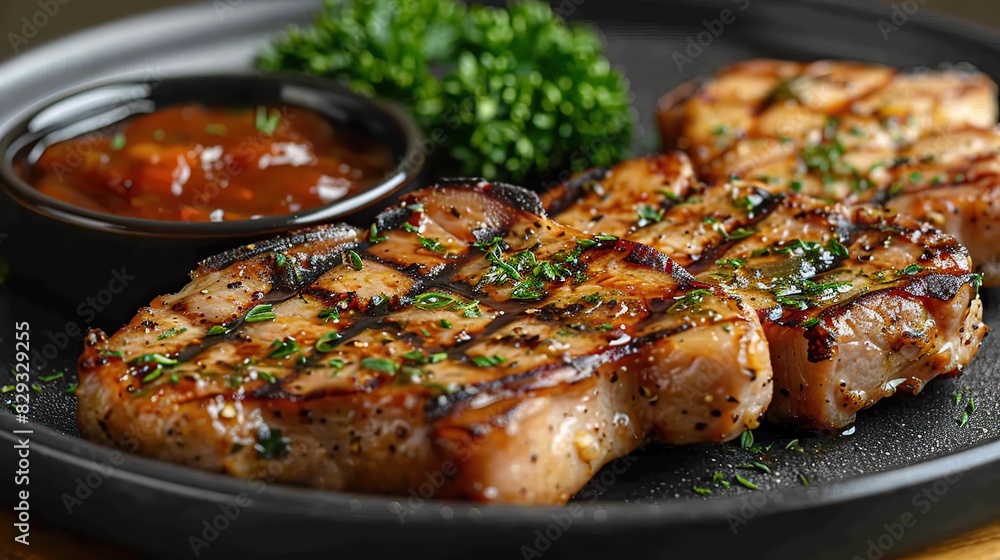 A plate of tender pork chops, served with apple sauce. A plate of tender pork chops, served with apple sauce.