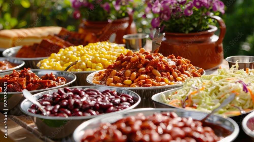 A mouthwatering spread of all the classic sides including cornbread baked beans and coleslaw set up on a picnic table at the cookout. A mouthwatering spread of all the classic sides including cornbread baked beans and coleslaw set up on a picnic table at the cookout.