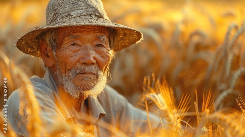 A Chinese elderly farmer holds a sickle to begin harvesting the wheat. His face is marked with the traces of time. Generative AI. A Chinese elderly farmer holds a sickle to begin harvesting the wheat. His face is marked with the traces of time. Generative AI.