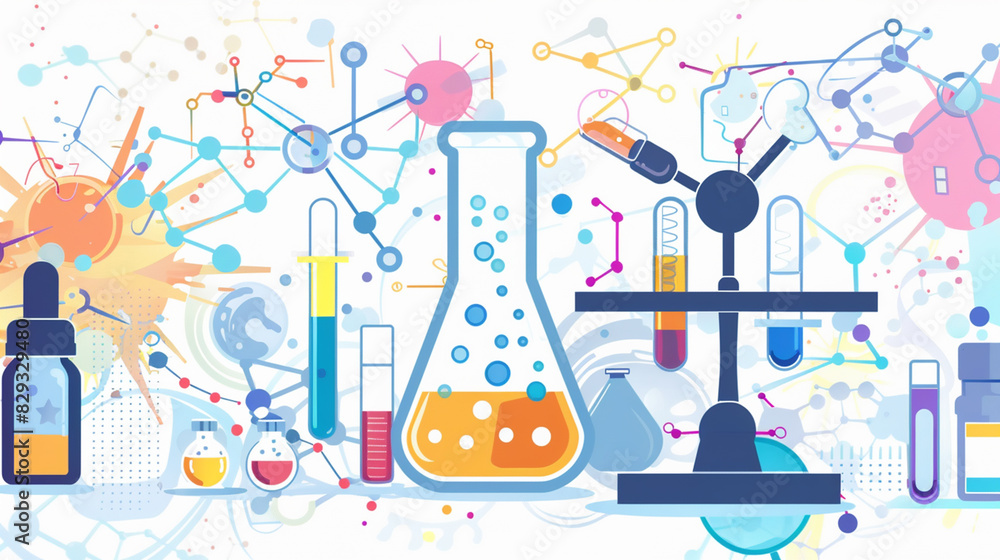 Colorful Science Lab Illustration with Chemical Reagents and Scientific Equipment Colorful Science Lab Illustration with Chemical Reagents and Scientific Equipment