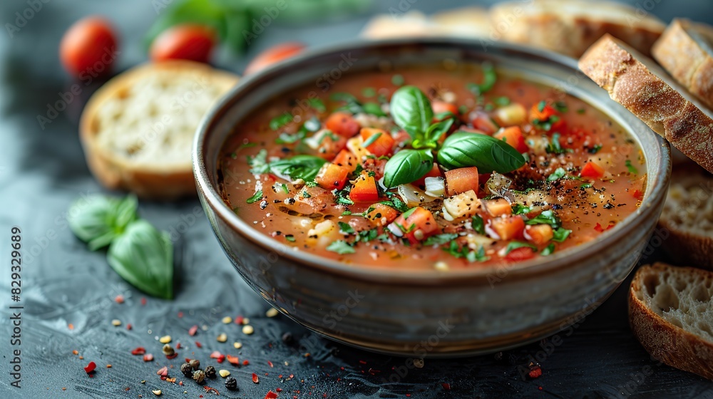 A bowl of spicy gazpacho, served with crusty bread. A bowl of spicy gazpacho, served with crusty bread.